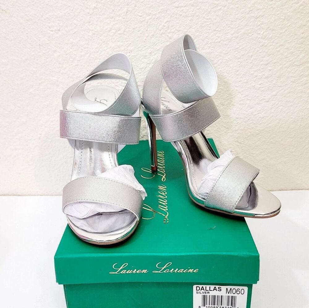 Lauren Lorraine Sz 7 Dallas Silver Stilleto Heels Sandals Party Bridal Shoes NIB